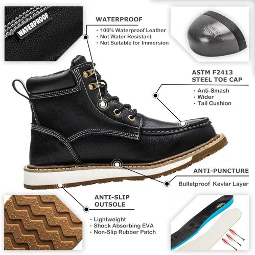 Vista 2 de KELODON Botas impermeables con punta de acero para hombres, botas de trabajo de cuero de 6 pulgadas, botas de construcción indestructibles, botas