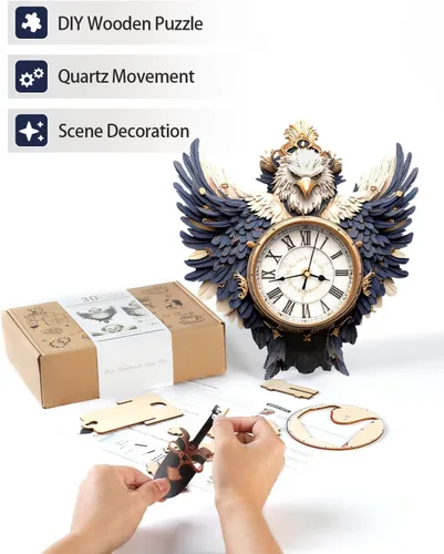 Vista 4 de Rompecabezas de madera 3D para adultos, kit de modelo de reloj de águila calva con péndulo, rompecabezas 3D para adultos, kit de reloj de pared DIY