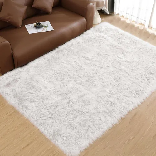Vista 99 de Goolela Alfombra esponjosa de piel sintética para dormitorio, color marrón claro beige, 2 x 3 pies, alfombra de piel de oveja peluda y difusa