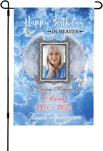 Vista 15 de Bandera de memoria personalizada con nombre de foto, fecha, letrero funerario personalizado, bandera conmemorativa personalizable para jardín