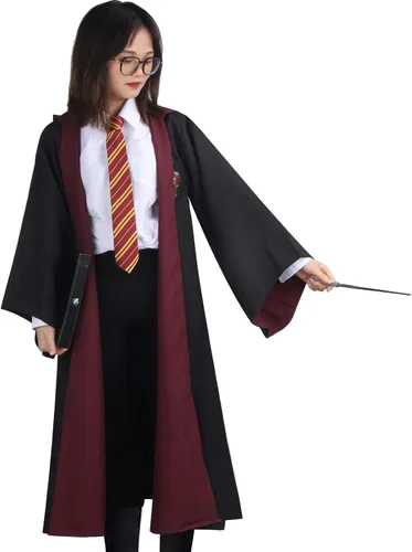 Vista 4 de EIRIEN Bata de mago para la escuela, disfraz de mago para adultos, hombres y niños, con capucha, varita mágica, capa de Halloween, cosplay, disfraz