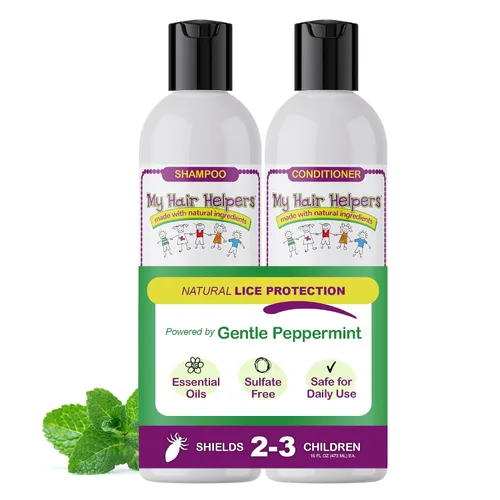 Vista 12 de My Hair Helpers - Paquete de champú y acondicionador de defensa y prevención de piojos para niños, aroma a menta, seguro para uso diario, funciona