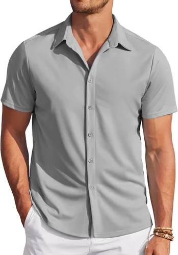 Vista 8 de COOFANDY - Camisas sin arrugas para hombre, casual, manga corta, con botones, de verano, elástica, de vestir