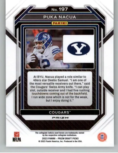 Vista 2 de Panini Prizm Draft Picks 2023 Gold Ice #197 Puka Nacua BYU Cougars - Tarjeta oficial de fútbol de la NCAA en estado crudo (NM o mejor)