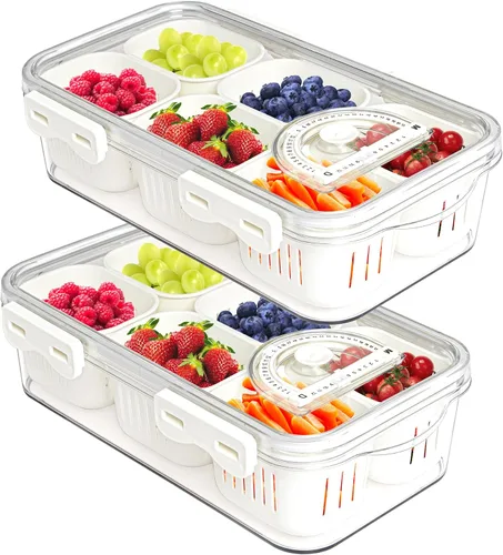 Vista 9 de Paquete de 3 Cajas Snackle Divididas Bandeja para Servir Verduras con Tapa Conservador de Ensaladas con 4 Cajas Removibles Contenedores