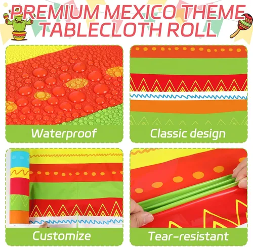 Vista 3 de party greeting Decoración de fiesta mexicana de 1181 x 54 pulgadas, mantel de plástico a rayas mexicanas para fiesta mexicana, suministros de fiesta