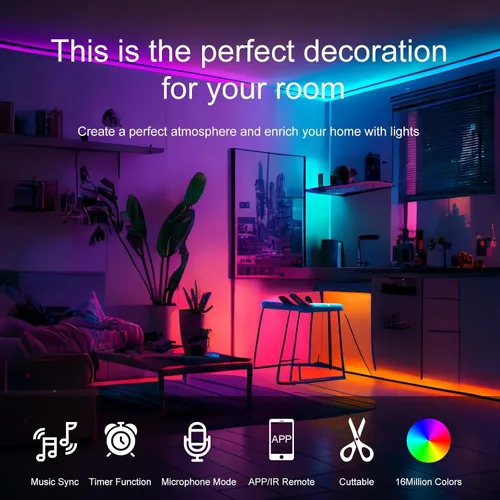 Vista 2 de Luces LED de 100 pies para dormitorio, con control remoto infrarrojo de 44 teclas y aplicación Bluetooth, tiras de luces LED inteligentes, tira