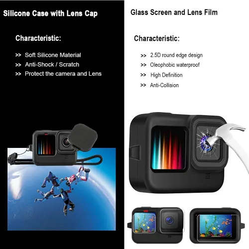 Vista 5 de Kit de accesorios para Gopro Hero 13 12 11 10 9 carcasa impermeable negra funda de silicona protector de pantalla de vidrio paquete para Go pro