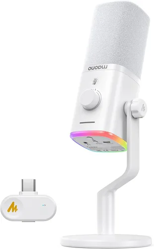 Vista 13 de MAONO - Micrófono dinámico USB inalámbrico PD100W, micrófono de PC para juegos con reducción de ruido de un solo clic, botón de silencio, RGB