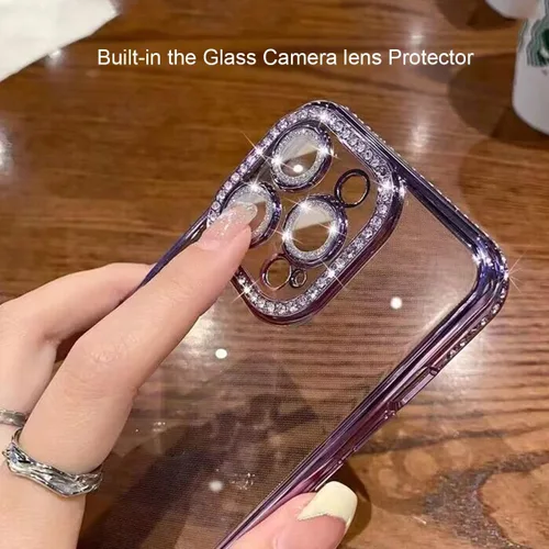 Vista 3 de Changjia Funda transparente con purpurina para iPhone 15 Pro, diamantes de imitación brillantes de lujo con protector de cámara, revestimiento