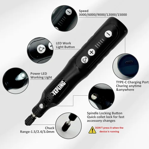 Vista 8 de Herramienta giratoria inalámbrica, kit de mini amoladora eléctrica de iones de litio de 3.7 V con luz de trabajo LED frontal, 5 velocidades