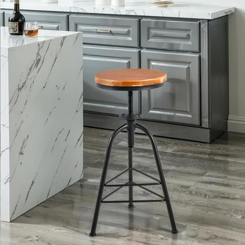 Vista 3 de Topower Taburete de bar de altura ajustable de metal de diseño industrial antiguo, silla de desayuno de comedor de cocina, taburete de madera