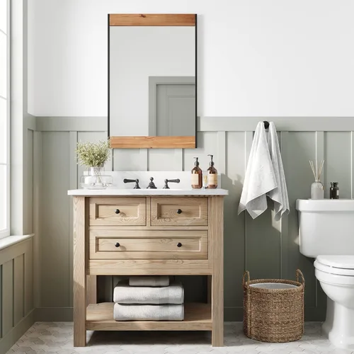 Vista 8 de Barnyard Designs Espejo de pared de madera estilo casa de campo de 24 x 36 pulgadas, espejo moderno con marco de metal rústico y madera para tocador