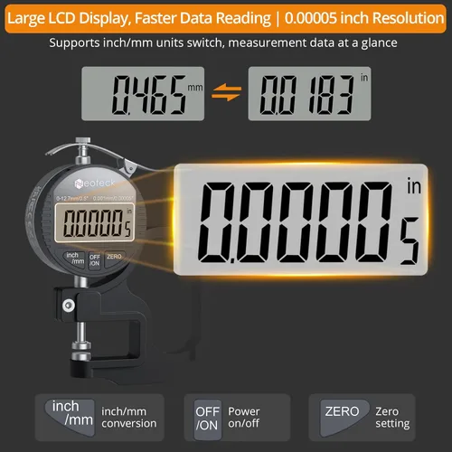 Vista 3 de Neoteck Medidor de Grosor Digital 0.5 pulgadas/12.7mm, 0.00005 pulgadas/0.001mm Pantalla LCD con Conversión Pulgadas/MM Herramienta de Medición