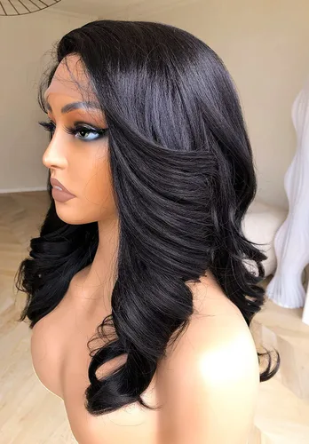 Vista 4 de Peluca de encaje frontal de 14 pulgadas con cuerpo ondulado de encaje HD, pelucas sin pegamento de cabello humano preestilizadas y precortadas Negro