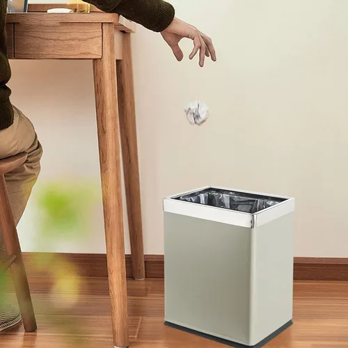 Vista 5 de Cubo de basura de metal con parte superior abierta "Invisi-Overlap", papelera de oficina pequeña, decoración moderna del hogar, forma rectangular