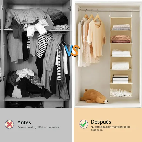 Vista 8 de MAX Houser Organizador colgante de armario de 6 niveles, estante colgante de tela con 2 ganchos resistentes para almacenamiento, plegable (beige)