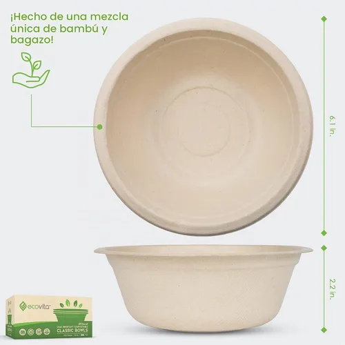 Vista 2 de Ecovita Cuencos de papel 100% compostables [16 onzas.] – 150 cuencos desechables ecológicos, resistentes, libres de líquidos y resistentes al calor