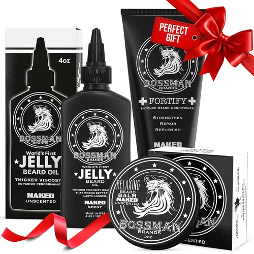 Vista 12 de Bossman Essentials Kit de barba para hombres, juego de 3, gelatina de aceite para barba, crema acondicionador fortificante, bálsamo para barba
