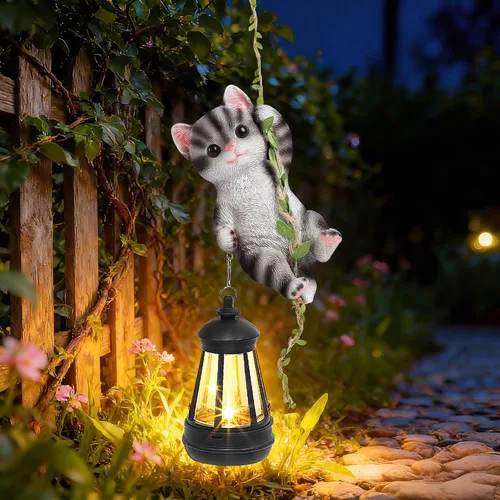 Vista 7 de Estatua de gato colgante solar, figura de gato negro de resina para exteriores con luces LED, adorno de gatito para jardín, valla, porche, patio