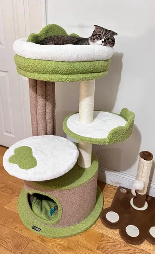Vista 6 de KAMABOKO Bonito árbol para gatos de 42.5 pulgadas, árbol verde para gatos de interior, torre estética para gatos con forro polar de peluche