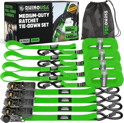 Vista 12 de Rhino USA - Correas de trinquete de amarre (4), 1 pulgada x 15 pies (resistencia 1823 libras), con ganchos en S de seguridad, alta calidad para Negro