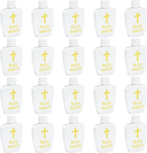 Vista 8 de 100 botellas de agua bendita de plástico de 2 onzas, recipientes vacíos con cruz dorada para católicos, cristianos, Halloween, primera comunión