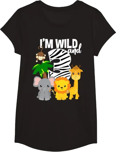 Vista 5 de Camiseta de cumpleaños con temática de zoológico de I'm Wild and 3, Negro, S