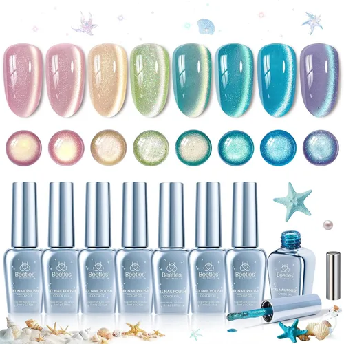 Vista 27 de Beetles - Juego de esmaltes de gel blanco y negro, 6 colores plateados, ojo de gato, purpurina brillante con imán, arte de uñas UV LED, hogar, salón
