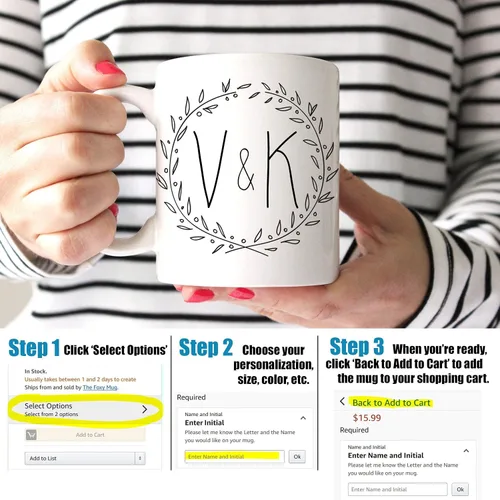Vista 2 de Custom Initials Coffee Mug – Personalized Couple Monogram Cup with Leaf Wreath Design – Wedding Gift for Him or Her – 11oz or 15oz Ceramic Mug