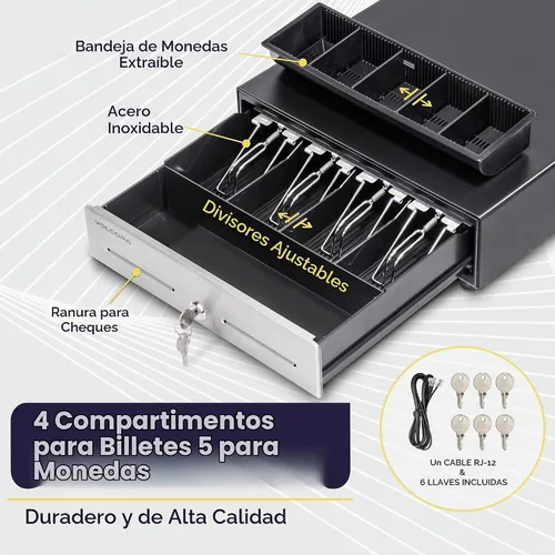 Vista 3 de Volcora Cajón de caja registradora de 13" para sistema de punto de venta (POS), Bandeja de efectivo de 4 billetes y 5 monedas, Cajones delanteros