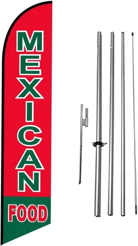 Vista 20 de Fresh Birria - Letrero de plumas publicitarias para restaurante mexicano con kit de poste de 15 pies y estaca para el suelo, tema negro/rojo/blanco