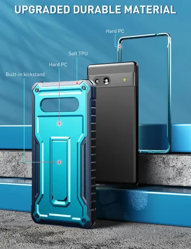 Vista 4 de FITO Funda para Google Pixel 7A, funda de doble capa a prueba de golpes resistente con soporte integrado, sin protector de pantalla (azul)