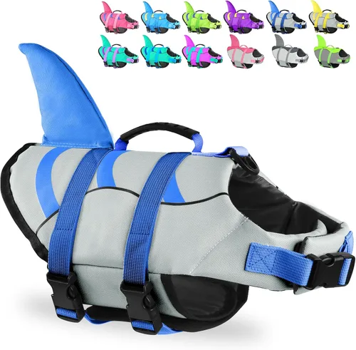 Vista 24 de Chaleco salvavidas para perros de Fragralley Shark, chaleco salvavidas ajustable para perros con aleta de tiburón, adecuado para perros pequeños