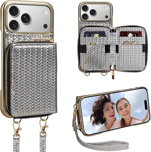 Vista 65 de Funda para iPhone 12 Pro/iPhone 12 de 6.1 pulgadas, cartera cruzada con cremallera para mujer, tarjetero con bloqueo RFID, funda de cuero con Negro