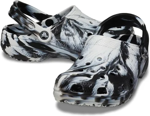Vista 3 de Crocs - Zuecos clásicos unisex teñidos con efecto mármol, blanco/negro, talla 14 para mujer/12 para hombre