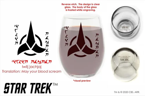Vista 4 de STAR TREK Klingon Cheers - Copa de vino grabada sin tallo, con licencia oficial, calidad premium, cristalería artesanal, 15 onzas, regalo