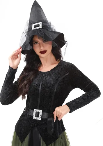 Vista 2 de Funna Disfraz de bruja para mujer, disfraz de Halloween con sombrero