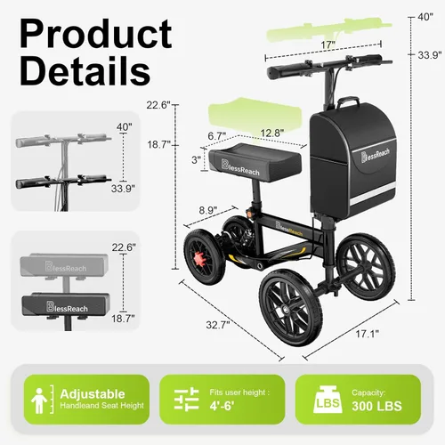 Vista 2 de BlessReach Deluxe Caminador Médico con Doble Freno de Mano, Patinete de Rodilla Orientable Todo Terreno, Alternativa a la Muleta, para Recuperación