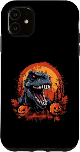Vista 5 de Carcasa espeluznante de Halloween para iPhone 14, diseño de dinosaurio T Rex calabaza