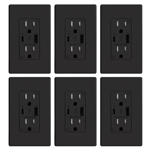 Vista 54 de ELEGRP Cargador USB de pared, receptáculo USB con puertos USB tipo A y tipo C, enchufe dúplex de 15 amperios resistente a manipulaciones NEMA 5-15R