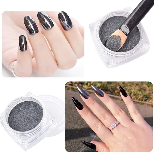 Vista 6 de Polvo de uñas cromado, efecto espejo metálico, polvo de uñas, arte de uñas, polvo de espejo negro cromado, brillante, ultra fino, pigmento