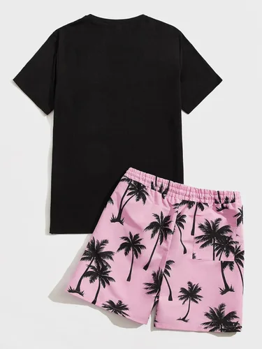 Vista 2 de SOLY HUX Conjunto de 2 piezas para hombre con estampado gráfico de letras, camiseta de manga corta y pantalones cortos con cordón en la cintura