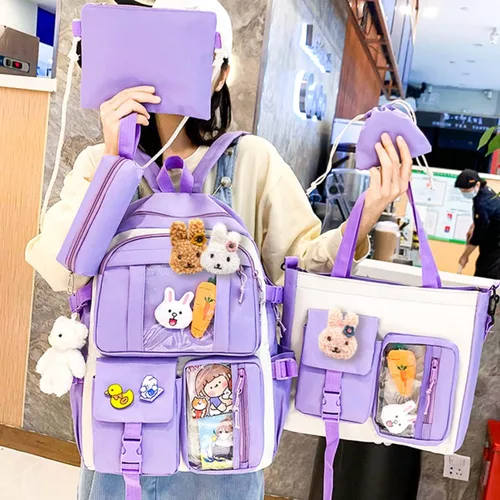 Vista 3 de TEMI 5 piezas de suministros para el regreso a clases mochila kawaii para mochila escolar bonita mochila para niña lindo bolso de mano accesorios