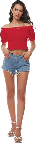 Vista 5 de LYANER Blusa corta de manga corta fruncida con hombros descubiertos para mujer