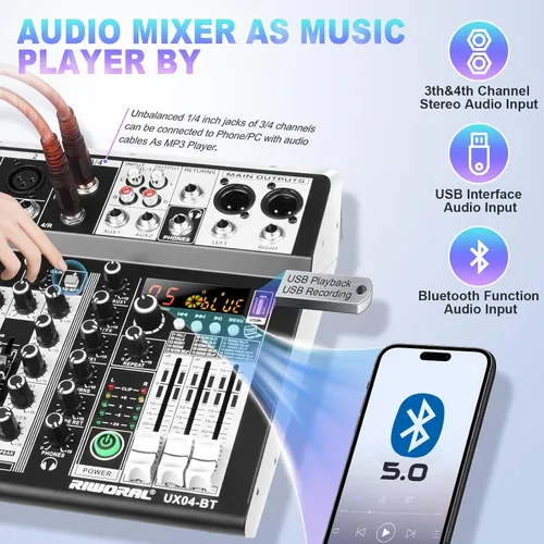 Vista 4 de Interfaz de audio de 4 canales, mezclador de DJ, tablero de sonido, efecto DSP de 16 bits, efectos de mezclador de audio USB, +48 V Phantom