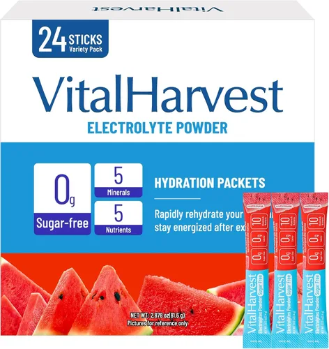Vista 8 de VitalHarvest 24 Sobres de Polvo de Electrolitos Sin Azúcar Paquetes de Hidratación Mezcla de Bebida IV Diaria Líquida para Hidratación Rápida, Bajo