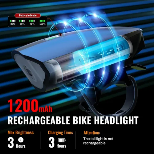 Vista 12 de Juego de luces de bicicleta con bocina 1400LM USB recargable faro de bicicleta y luz trasera y bocina impermeable 3 modos de iluminación se adapta a