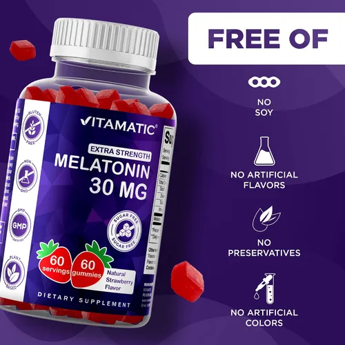 Vista 4 de Vitamatic Melatonina sin azúcar, 30 mg por gomita, 60 porciones, 60 gomitas vegetarianas, suplemento que no forma hábito (60 unidades (paquete de 2))