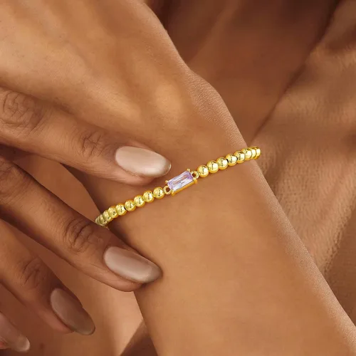 Vista 3 de Yoosteel Pulsera delicada con piedra natal para mujer, pulseras elásticas chapadas en oro de 14 quilates, joyería de cumpleaños de amistad de moda